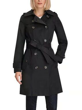 London Fog Women's Size M Black Double Breasted Mid-Length Trench Coat